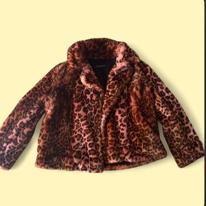 French Connection Girls' Leopard Faux Fur Pea Coat - Pink & Brown
